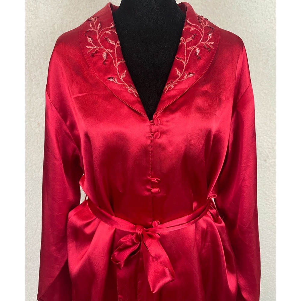 (VTG) PRIVATE LUXURIES • 3-Piece Red Satin Embroidered Pajama Set, L - Picture 3 of 16